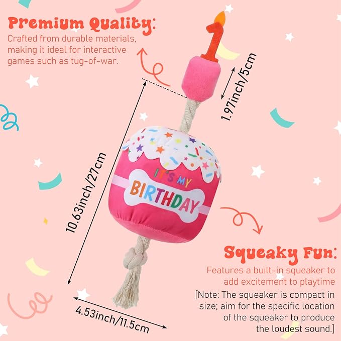 Dansydaisy Dog Birthday Cake Toy Squeaky Plush Toy for Girl Boy Gifts, Chew Accessories for Dog Birthday Party Decor Favor for Large, Medium and Small Dogs(1st,Rose Pink)