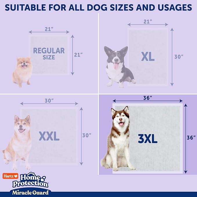 Hartz Miracle Guard Dog and Puppy Dog Pads Max Absorbency 24 Hour Use Odor Eliminating Lavender Scented No Leaks, 3XL Size 20 Count