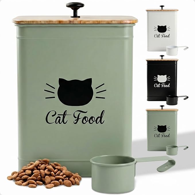 Metal Cat Food Container with Scoop 5-7 lb (25 Cup), w/ Airtight Bamboo Lid | Cat Kibble Canister with Metal Scoop, 25 Cups, Chew Proof Iron Body, Powder Coated, Airtight Bamboo Lid, Sturdy Metal Handle
