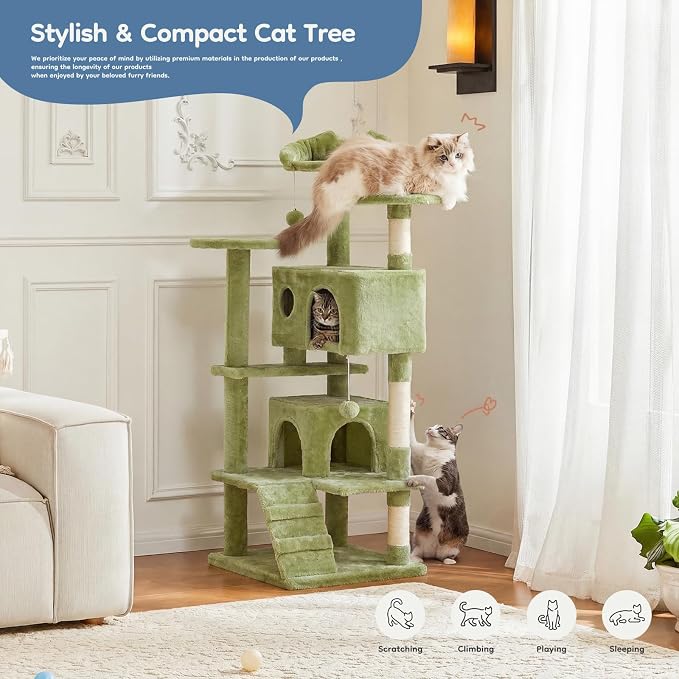 DUMOS 54-inch Cat Tree Tower with Scratching Posts, Indoor Use | Multi-Level Pet House for Large Cats with 2 Condos, Round Platform, Small Ladder and Toys, Green