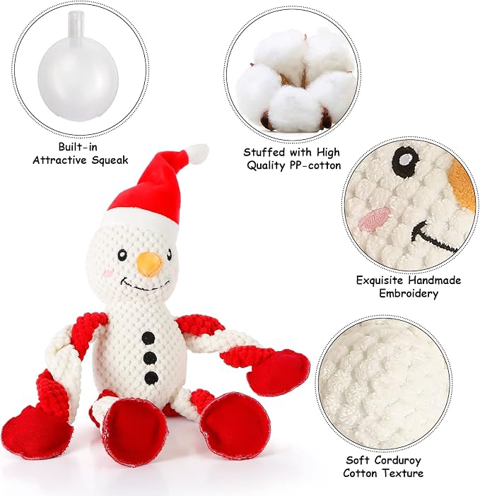 Senneny Christmas Dog Toys, Squeaky Snowman Plush with Ropes for Tug of War, Durable Interactive Chew Toys for Puppy Small Medium Large Dogs