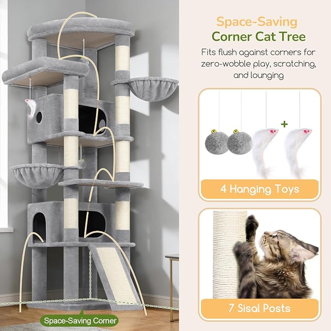 Globlazer 80in Tall Extra Large Heavy Duty Corner Cat Tree Tower, S80C | Sturdy Big Cat Tower for Indoor Cats Large Adult with Scratching Post, 2 Spacious Condos with Padding, 2 Perches, Light Grey