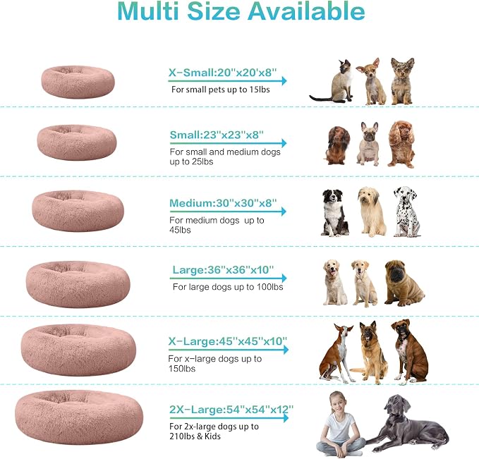 SAVFOX 45 inches Calming Donut Dog Bed - 3X Durable Plush Faux Fur, Machine Washable & Non-Slip, Fits up to 150 lbs, Pink
