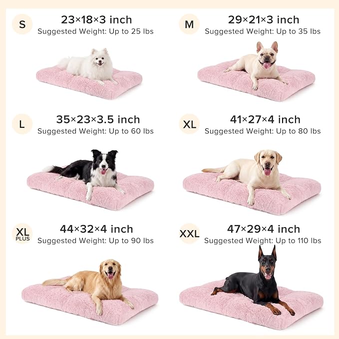 JOEJOY Dog Bed Crate Pad, Deluxe Plush Washable Dog Beds Fulffy Soft Kennel Pad Anti-Slip Pet Sleeping Mat for Medium Small Dogs, 29" x 21", Pink