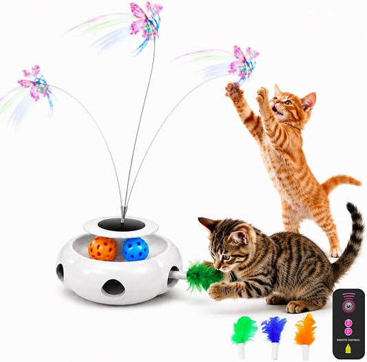 3-in-1 Interactive Cat Toy with Remote Control, Butterfly Wand & Automatic retractable feathers & Rolling Ball Track, Multi-functional Cat Toy for Indoor Cats, Suitable for Bored kitten, white