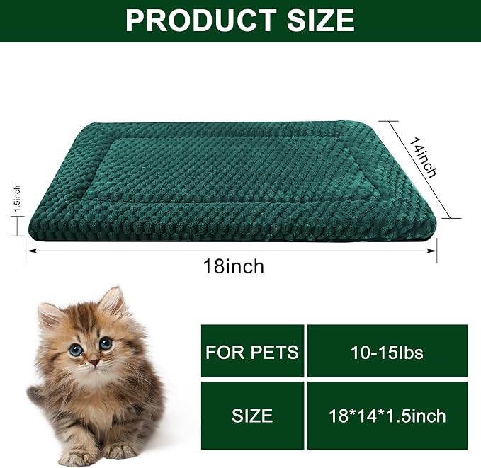 Dog Bed Mat,Reversible & Ultra Soft Kennel Pad-Machine Washable Pet Bed for Dogs & Cats-All-Weather Crate Liner for Crates,Carriers & Travel (Dark Green, 18" L x 14" W x 1.5" Th)