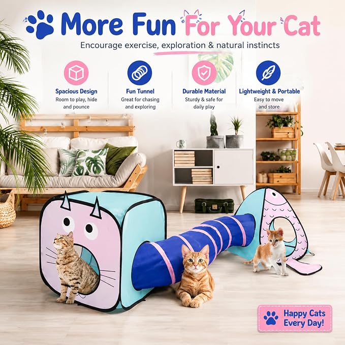Rypet Cat Toy Tunnel and Cubes Bundle - Interactive Crinkle Collapsible Cat Tube and Foldable Cubes Playground for Kitty, Rabbit, Puppy, Ferret Hiding Hunting and Resting