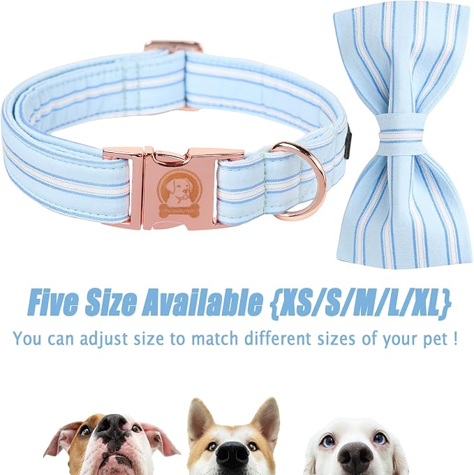 MR. CHUBBYFACE Blue Dog Collar, Cute Dog Collar with Bowtie, Summer Adjustable Girl Boy Collar with Metal Buckle, Durable Collars for Small Medieum Large Dogs