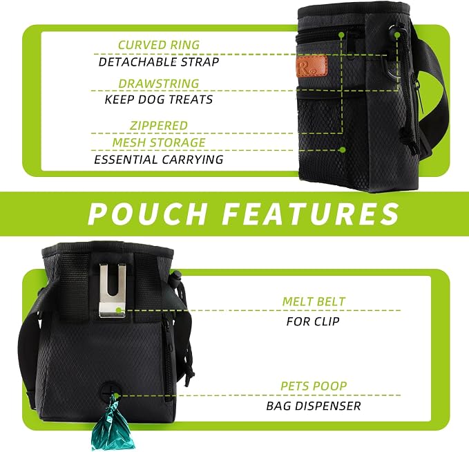 Dog Treat Training Pouch with Built-in Poop Bag Dispenser, Black | Easily Carries Pet Toys, Kibble, Treats, 3 Ways to Wear, Foldable Silicone Bowl, Quick One-Hand Access for Dog Walks & Hiking