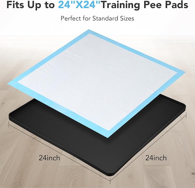 Pee Pad Holder for Dogs, Dog and Puppy Pee Pads Holder, 24"x24" Non-Slip & Leak-Proof & Portable Silicone Mat with Raised Edge Design, Square Puppy Potty Training Tray for Home Floor Protection(Black)