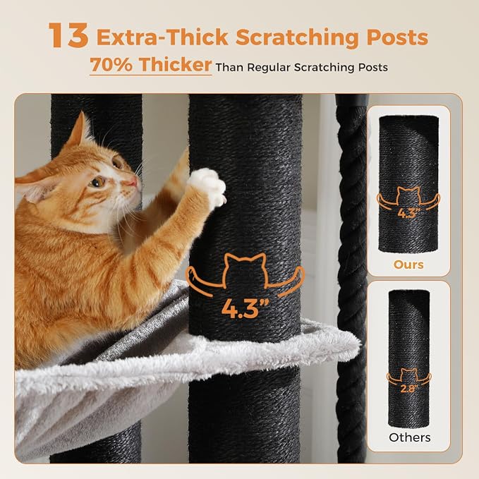 67" Cat Tree with 13 Thick Posts & 3 Hammocks, Maine Coon, Gray | 13 thick 4.3in sisal posts, XXL cozy cat condo, Extra large top perch, 3 spacious hammocks, Supports Maine Coon 20 lbs