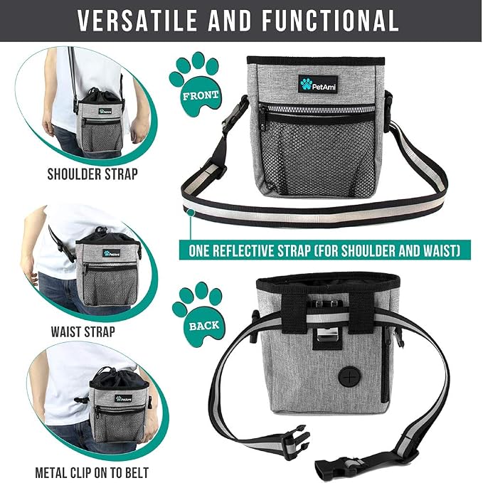 PetAmi Dog Treat Pouch, Pet Treat Pouch For Training, Dog Walking Bag Holder for Kibbles, Pet Food Toy, Dog Trainer Essentials Supplies, Poop Bag Dispenser, 3 Ways to Wear (Heather Gray)