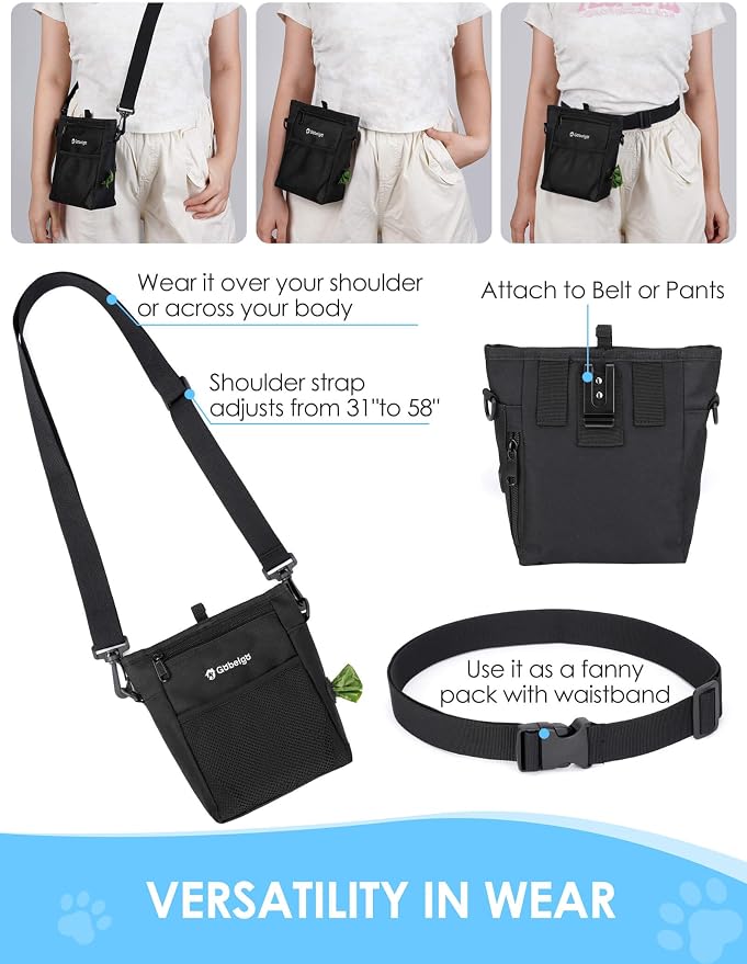 4 Cup Dog Treat Pouch with Silicone Insert Bag& Clicker(Black) | 2 Pair Magnetic Closures, Belt Clip/Waist Belt/Crossbody Wear, Zipper Pocket Poop Bag Holder for Pet Training/Daily Walking