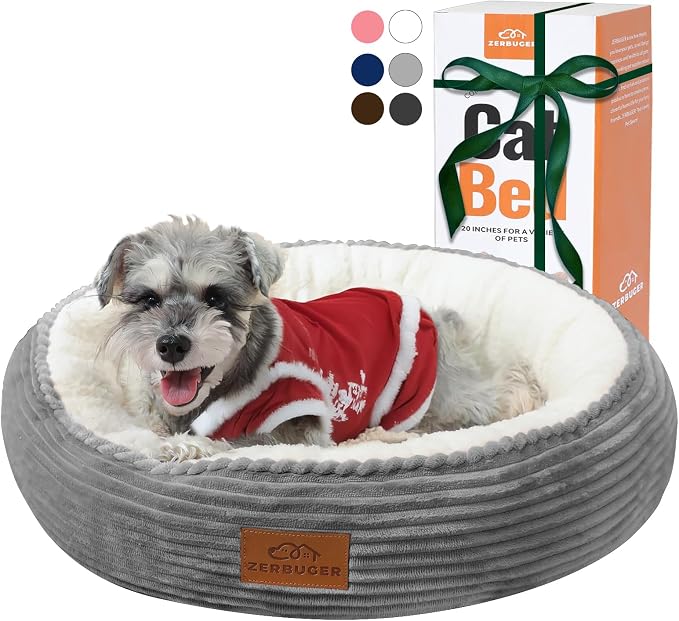 Zerbuger 23in Round Cat Dog Bed for Large Medium Small Dogs Cats, Machine Washable Sleeping Sofa, Non-Slip Bottom Breathable Soft Calming Pet Cuddler for Indoor/Outdoor/Car/Cage, Light Grey