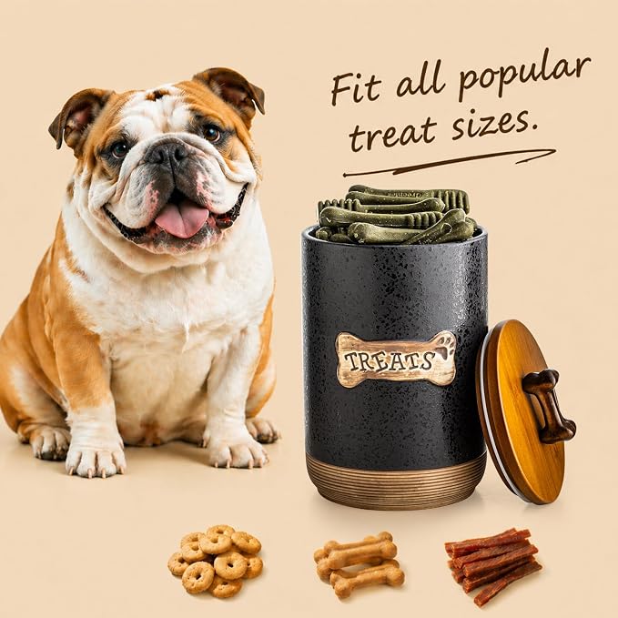 Miamolo Dog Treat Container Jar, Ceramic Airtight Dog Food Storage Container with Lid and Handle, Dog Treats Cookie Snack Jar Canister for Kitchen Counter, Gift for Dog Owners, Bone Glinting Black