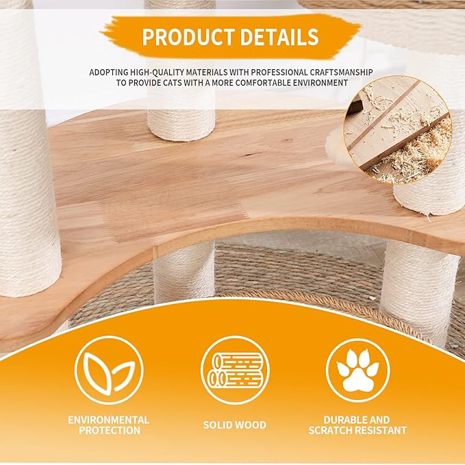 SHODMI 54" Modern Cat Tree Tower for Indoor Cats, Large & Multi-Cat Homes | Wood Cat Tree, 3 Handwoven Basket Beds, Stable Wide Round Wood Base, 8 cm Thick Sisal Scratching Posts, Plush & Cool Mats