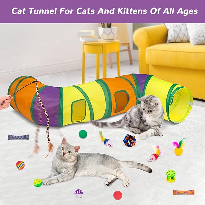 Retro Shaw 33 Pack Cat Tunnel Toy Set for Indoor Cats Kittens, Solves Boredom & Anxiety with 2 Collapsible Tunnels Interactive Feather Wand Springs Balls Crinkle Toys Mice