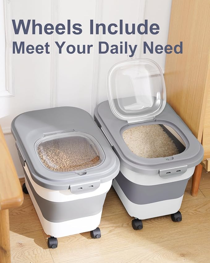 20-30 Lbs Rice Storage Container,Collapsible Food Storage Containers | Flour Storage Container with Wheels Airtight Locking Lid,Rice Container with Cup and Scoop,Suitable for Rice,Pet Food,Flour