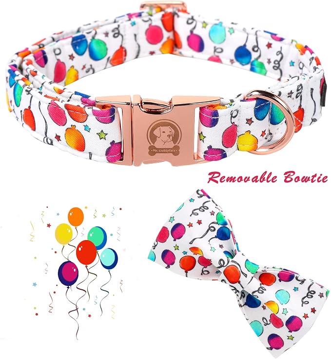 ·MR. CHUBBYFACE· Ballon Dog Collar with Bowtie, Cute Birthday Balloon Dog Collar with Metal Buckle, Adjustable Pet Collar for Small Medium Large Dogs