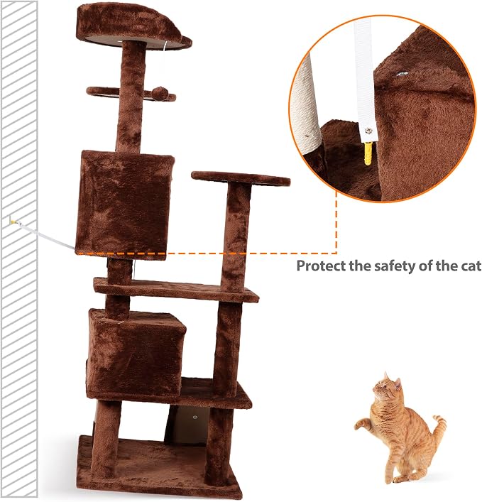 ZENY 53 inches Cat Tree with Sisal-Covered Scratching Posts and 2 Plush Rooms Cat Furniture for Kittens (Brown)