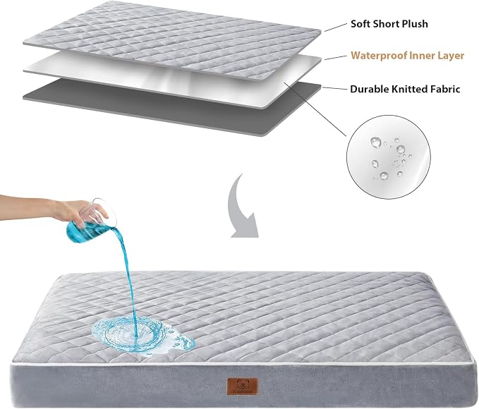 WNPETHOME Orthopedic Waterproof Extra Large Senior Dogs Bed for Comfy Sleep | XL Washable Ped Bed with Removable Cover, Multi-Needle Quilting XL Crate Bed for Large Sized Dog Relax, Light Grey 42x30 Inch