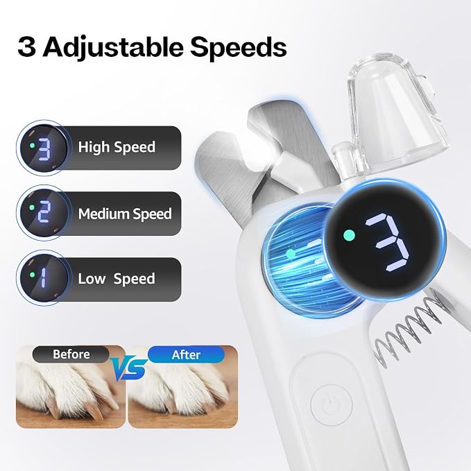 2 in 1 Dog and Cat Nail Grinder and Clipper 3 Speed LED | Rechargeable Cordless Design, Quiet Low Vibration Operation, Small Medium Large Pets, Convenient at Home Grooming