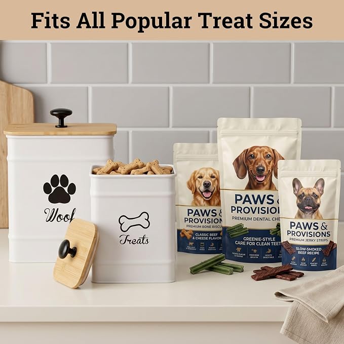 Dog Treat Container Set of 2 with Airtight Bamboo Lids - 8x6 & 7x5 inch | Fits All Popular Treats, Up to 20 Cups Combined Capacity, Airtight Bamboo Lid, Easy Open Lid, Dent-Resistant Durable Metal