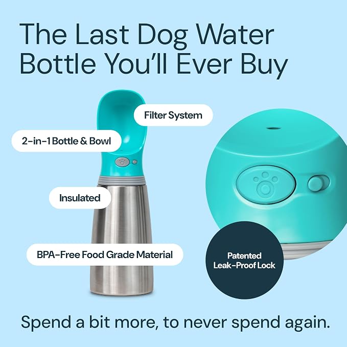 MalsiPree Insulated Dog Water Bottle - 24 oz Blue, Stainless Steel | 24oz insulated steel bottle & bowl - leak-proof - Use for dog travel, hiking, park & beach days