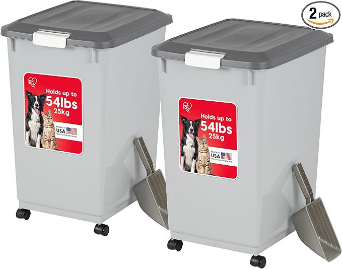 IRIS USA Dog Food Storage Container, 2-Pack, Up to 54 lbs, Gray/Dark Gray | Made in the USA, Comes w/ Wheels & 2-Cup Scoop, Airtight Seal, BPA-Free, Bird Seed, Cat food, Cat Litter, Multi-Pet Household