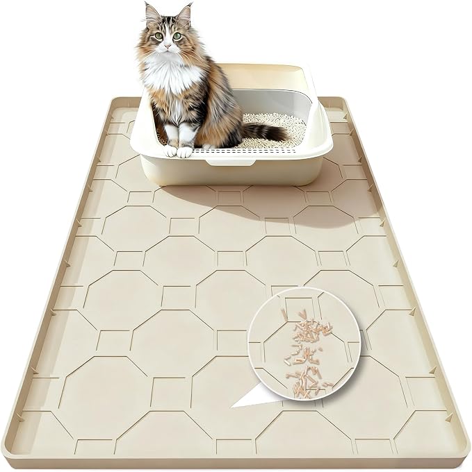 Silicone Cat Litter Mat, 34“ x 22” Waterproof Cat Litter Mats for Floors, Raised Edges Prevent Leaks and Make Cleaning Easy (Beige)