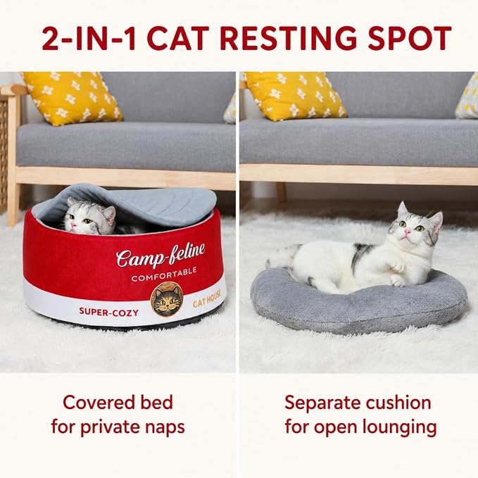 PECHVINO Can-Shaped Cat Bed – Ramen Bowl Cat Bed with Cover | Cute Enclosed Bed with Ultra-Soft Cushion, Private & Cozy Design for Cats & Small Dogs