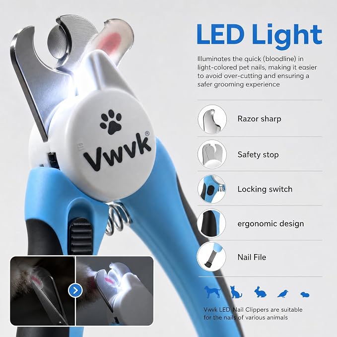 Dog Nail Clippers with Light, Professional Toenail Clippers for Thick Toenails, LED Illuminated Pet Nail Trimmer to See Bloodline, Safety Guard & Blade Lock, for Dogs & Cats