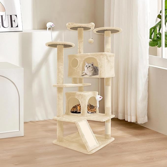 Aotaide 54in Cat Tree, Multi-Level Cat Tower,2 Cozy Caves, Scratching Posts, Climbing Ladder, Plush Balls, Durable Pet House Furniture for Indoor Kittens,Beige