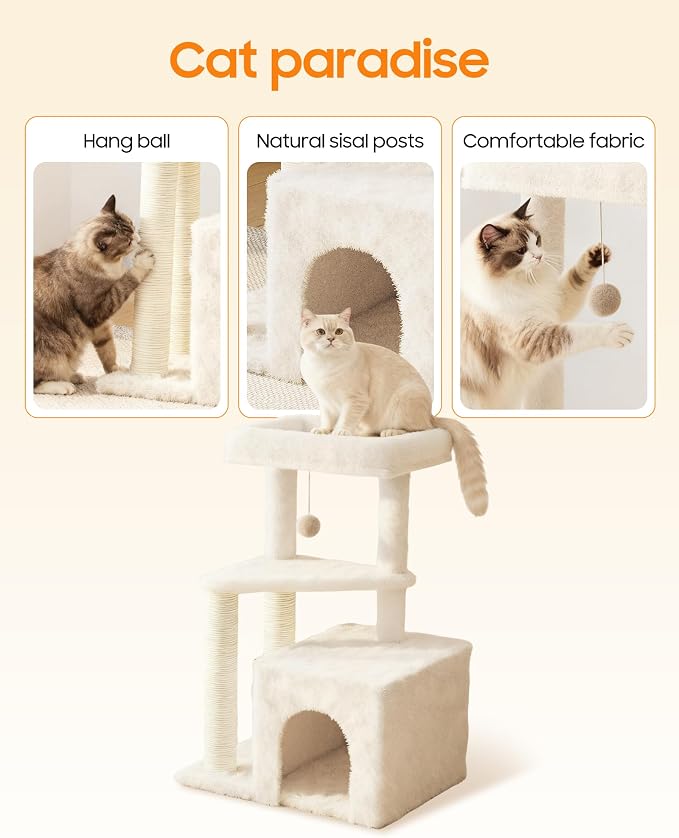 Cat Tree Tower for Indoor Cats, 33 Inches Multi-Level Cat Condo with Scratching Posts, Large Perch, Hanging Toy for Large Adult Cats, Beige