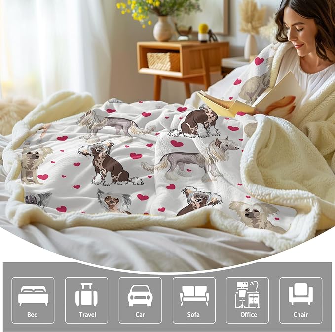 BlessLiving Red Hearts Dog Cat Print Plush Blanket Cute Puppy for Kids Adults 3D Animal Print Plush Blanket Gift for Pet Lovers (Chinese Crested,Throw, 50 x 60 Inches)