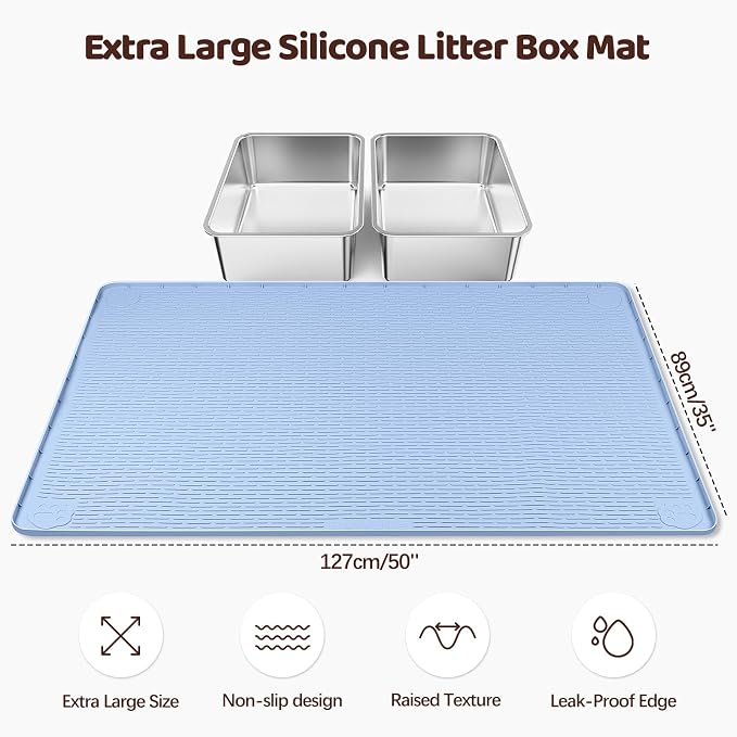 Silicone Cat Litter Mat for Litter Box 50”x35” Large Cat Mat, Blue | Waterproof, Non-Slip, Leak-Proof Rug Mat with Lip, Easy to Clean, Extra Large Litter Catcher Mat for Floor