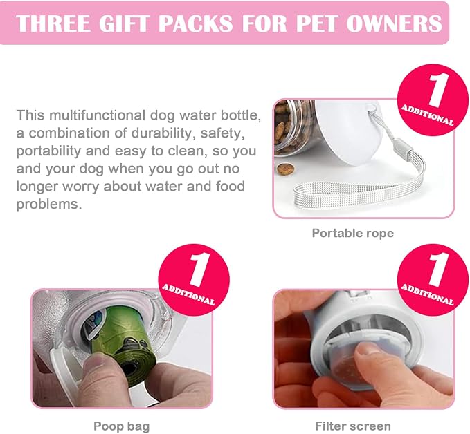 3-in-1 Portable Dog Water Bottle Dispenser,Crate with Food Container, Replaceable Waste Bags,Dog Stuff Accessories Items, Puppy Essentials Necessities,for Walking&Hiking (20oz-White)