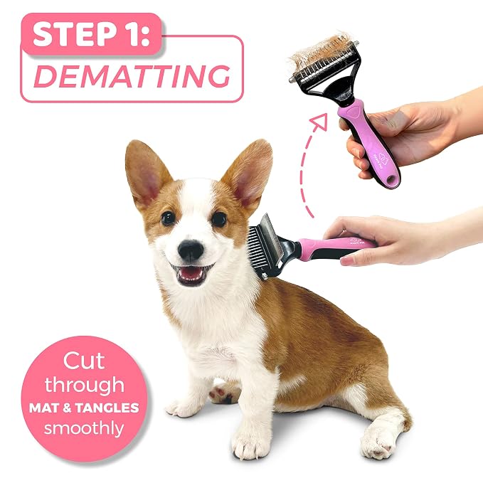 Grooming Brush for Dog/Cat with 2 Sided Grooming Brush for De-Shedding, De-Matting Reduces Shedding up to 95%, Great Short to Long Hair (Pink, Small)