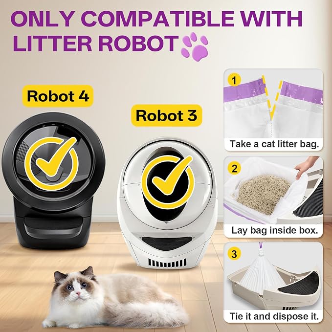 60 Pack Automatic Cat Litter Box Waste Bags Compatible with Litter Robot 4/3, 26lbs Heavy Duty Tear-Resistant Drawstring Cat Litter Liners, Sensor-Compatible,10-12 Gallon, 26.4" x 15.7"