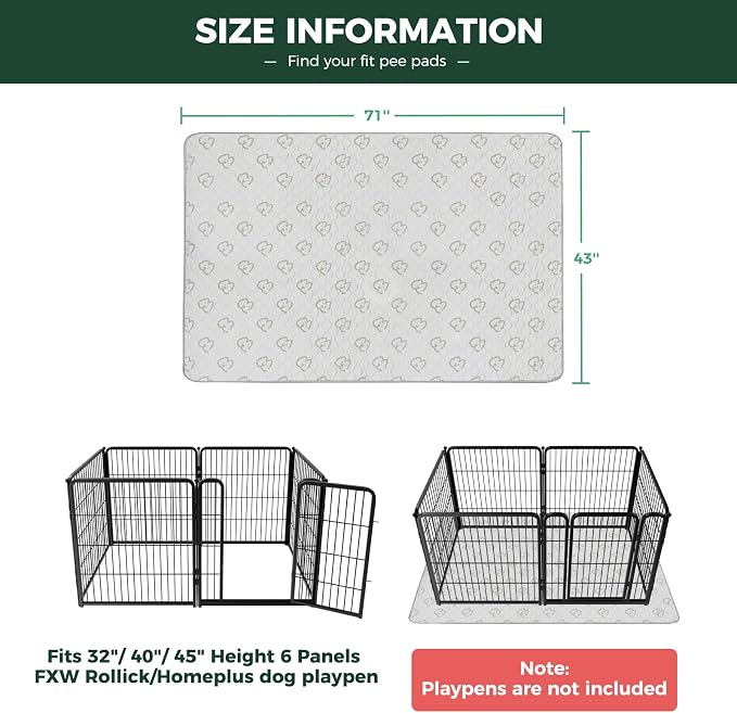 FXW Washable Pee Pads for Dogs, Super Absorbent, 43" x 71", 1 Pack | Machine washable, Non-slip backing, Fits 32"/40"/45"H 6-Panel FXW Rollick/Homeplus Playpens