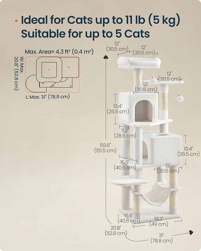 SONGMICS HOME Cat Tree for Indoor Cats, Multi-Level Cat Tower with Sisal Scratching Posts, Hammock and Condo, White