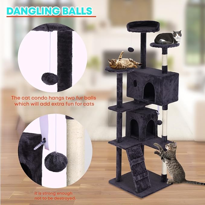 FDW | 70" Cat Tree Tower | Ashy | Multi-Level Indoor Activity Center with Sisal Scratching Posts, Condos, Plush Perches, Hanging Cat Toys | Sturdy, Easy to Assemble | for Kittens & Adult Cats