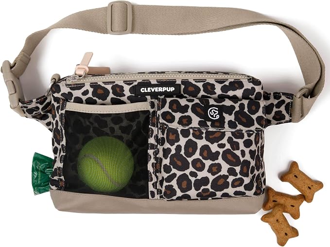 Walk & Train 2-in-1 Dog Walking Bag - Hands-Free Training Crossbody Sling & Fanny Pack with Treat Pouch, Poop Bag Holder, Phone Pockets - Adjustable Waist or Shoulder Strap - Leopard