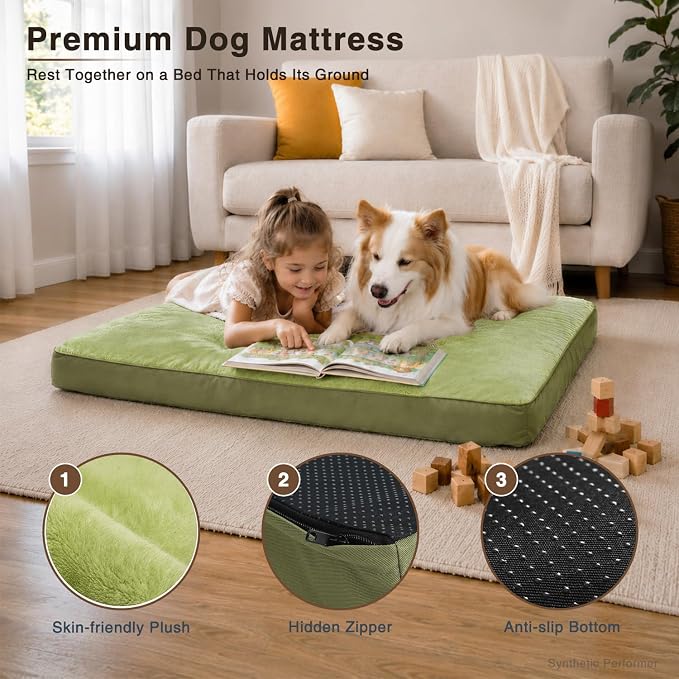 NUPIDA Waterproof Large Dog Bed for Crate with Washable Cover, 35x22, Green | TPU Waterproof Layer, Easy Clean Cover, Soft Plush Surface, Durable Oxford fabric, Non-Slip Bottom, For Large Breeds ≤50lbs