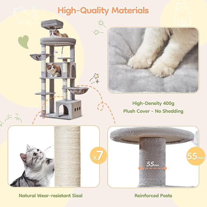 Taoqimiao 71in Cat Tree, Heavy Duty Large Cat Tower for Indoor Cats MS050W | Extra Wide Sturdy Base, Tall Multi-level, 7 Sisal Scratching Posts, 2 Houses, 2-Post Supported Baskets, 2 Perches, Light Gray