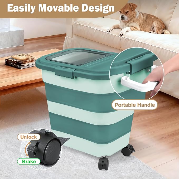 Rice Storage Container, Collapsible Airtight 10-40 Lb Rice Storage Container, 25lb Pet Dog Food Storage Container, Rice Dispenser Bin with Cup and Scoop for Flour Cereal Pasta Grain, Cat Bird
