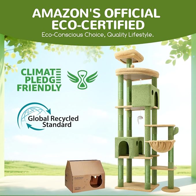 Globlazer Cactus Giant Cat Tree for Indoor Large Cats, 83in, F83, Green | XXL Cat Tower with 9 Scratching Posts for 20lb+ Heavy Duty Large Adult Cats