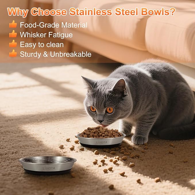 4 Pcs Whisker Friendly Cat Bowls, 304 Stainless Steel Food Water Bowls with Non-Slip Silicone Base, Dishwasher Safe Shallow Bowls for Cats Kittens Small Dogs, Indoor Outdoor Use