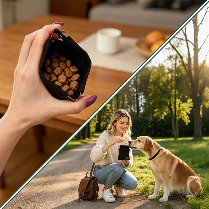 Dog Treat Pouch for Pet Training Portable Puppy Walking Bag, Black 12X12cm | Auto Closing Dog Treat Pouches for Pet Training, Hands-Free Walking Experience with Clip for Outdoor Walking & Puppy Travel