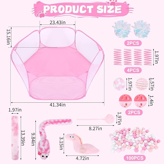 Foxtell Pink Cat Ball Pit Include 115 PCS Interactive Cat Toys for Indoor Bored Self Play Enrichment Toy for Indoor Cats Interactive Fun and Exercise